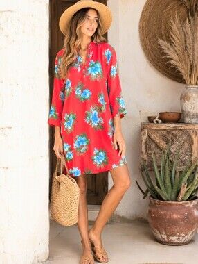 Vintage 1970s Hawaiian Barkcloth Hibiscus Tunic Dress L XL Tropical Aloha Resort